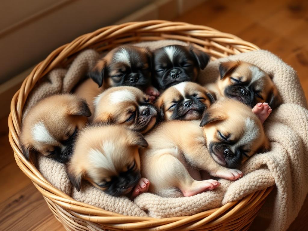 Camada de cachorros pekinés jugando