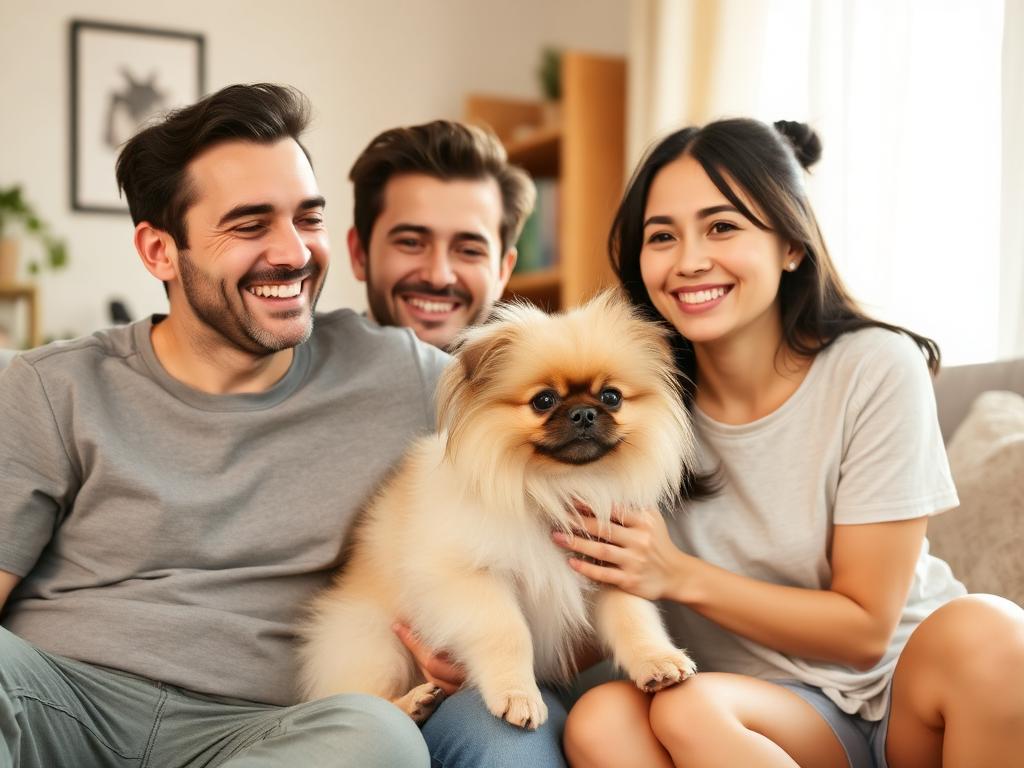 Familia con su pekinés en casa